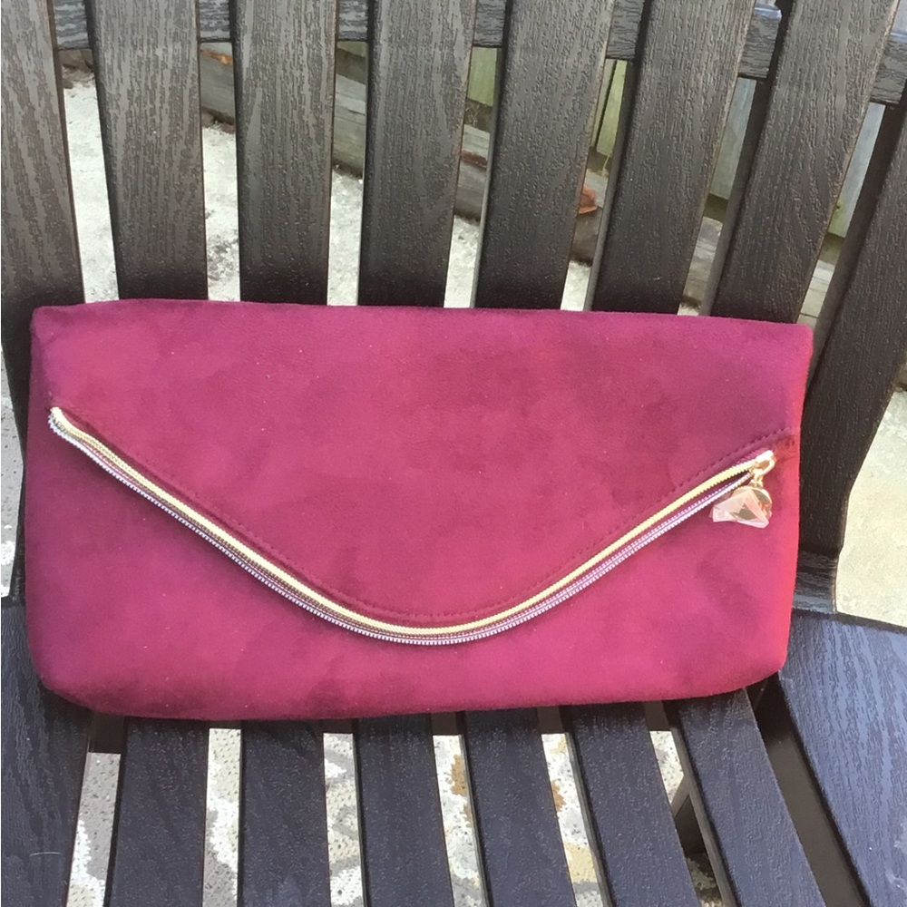 i.CHI Fold Over Burgundy Suede Clutch/Bag Full Zipper Top & Magnetic Snap
